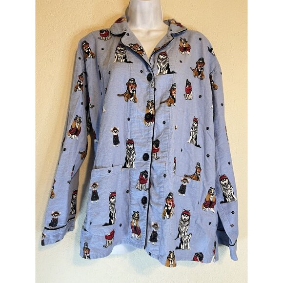 PJ Salvage Pajama Top Women's L Dogs Eyeglasses Flannel Button Up Blue - Picture 10 of 16